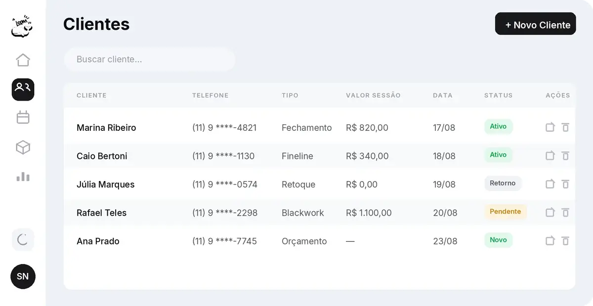 Tela de clientes da LOOM: historico, valor da sessao e status de cada cliente