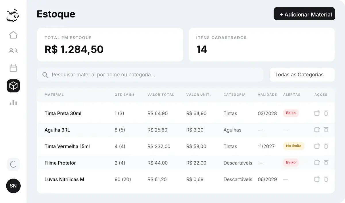 Tela de estoque da LOOM: tintas e agulhas com alerta de estoque baixo