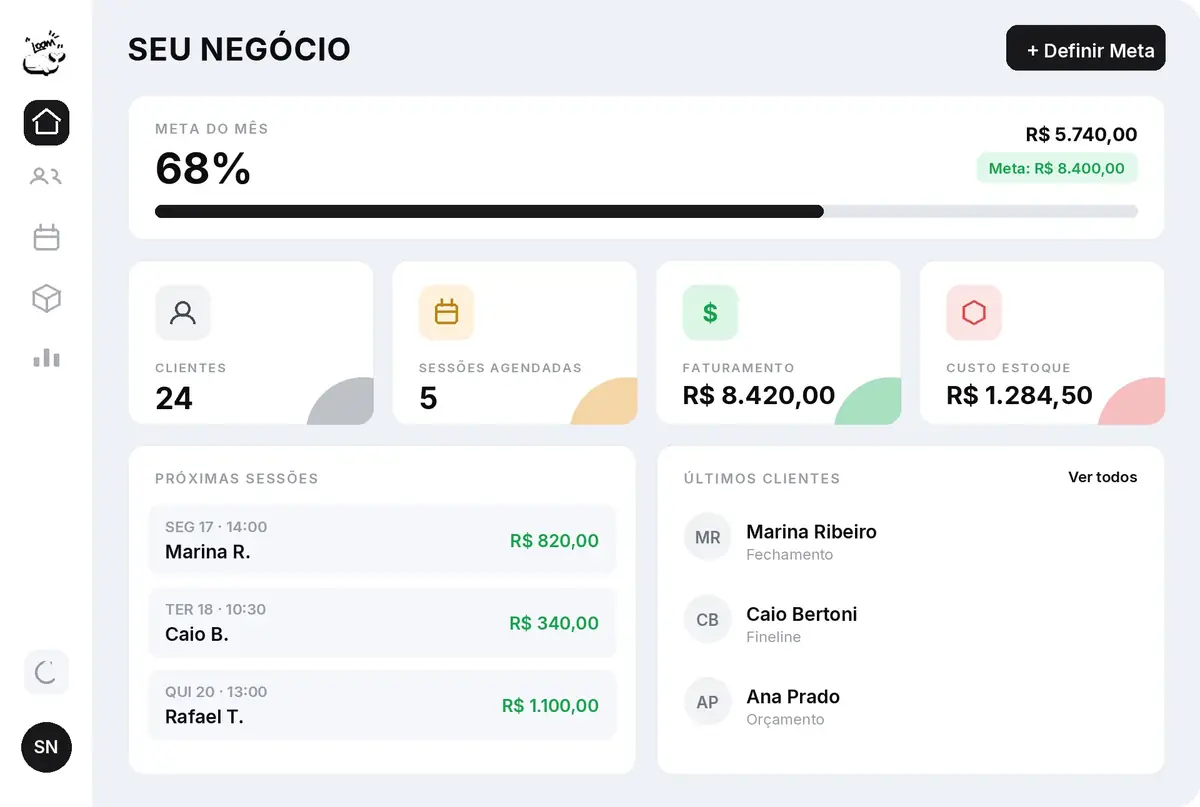 Painel da LOOM: meta do mes, clientes, sessoes agendadas, faturamento e custo de estoque
